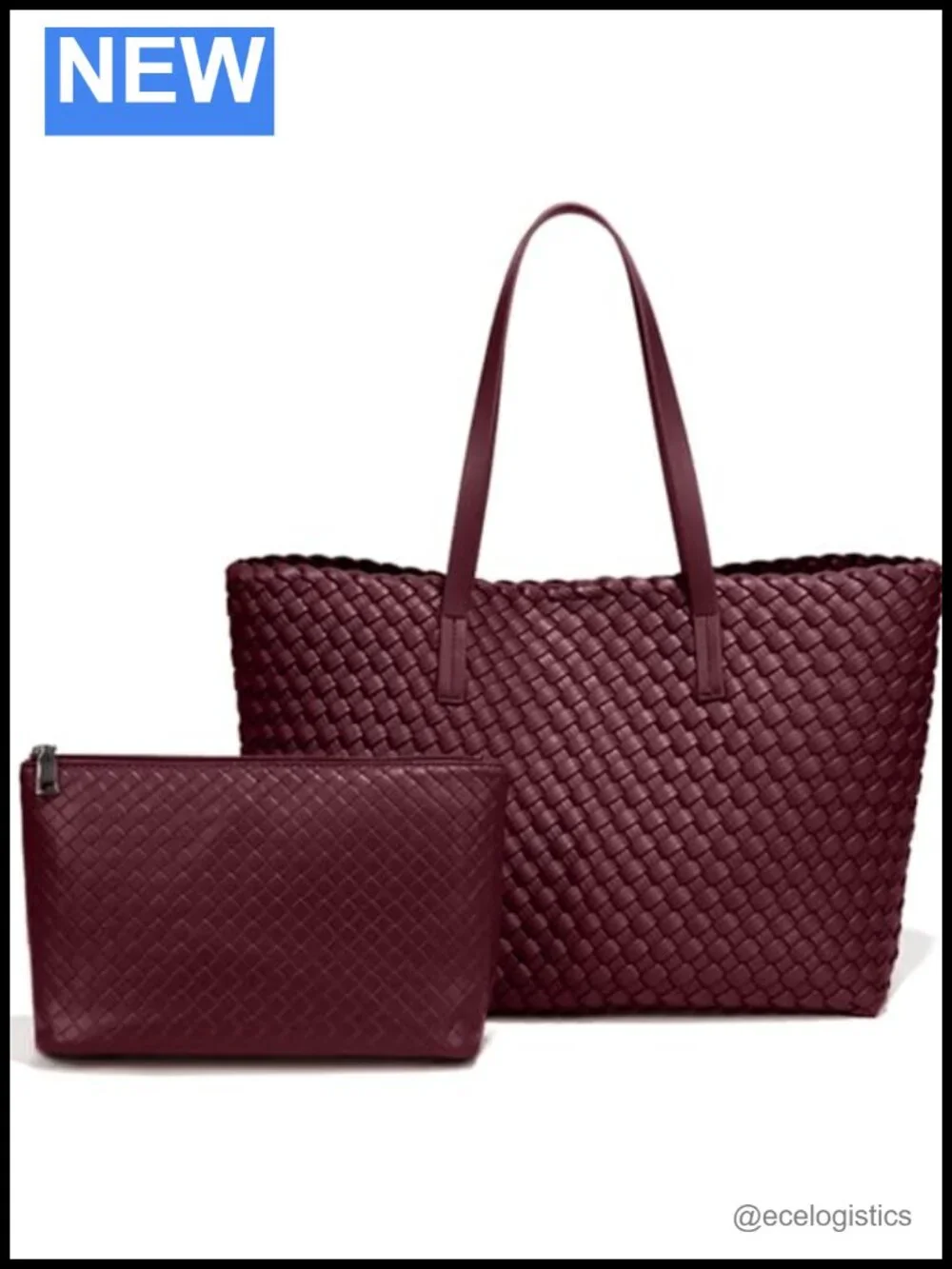 Woven Leather Tote with Matching Pouch, Large Capacity Shoulder Bag